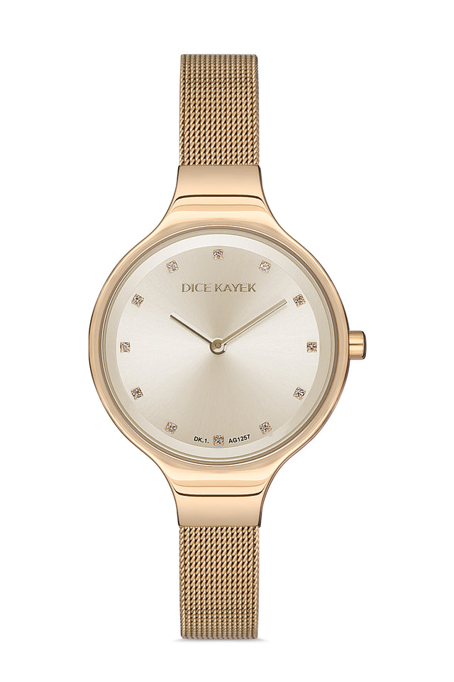 Dice Kayek AG1257.06 women's watch with champagne dial, gold-tone case and stainless steel mesh bracelet – front view