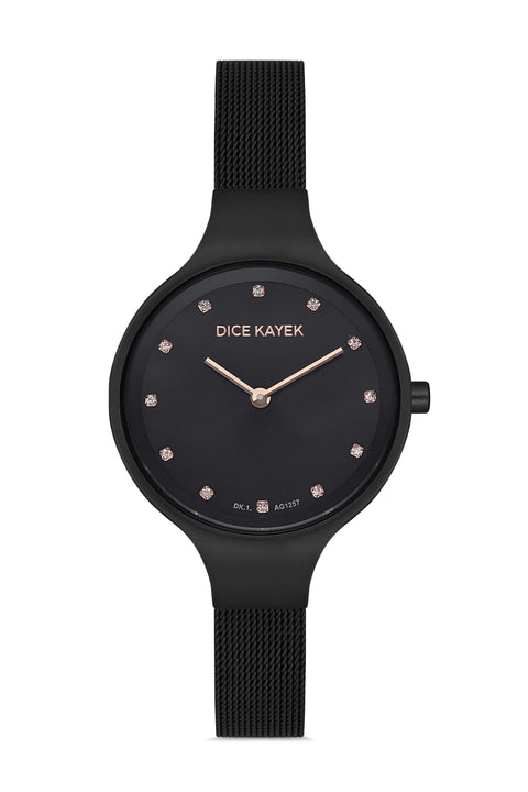 Dice Kayek AG1257.07 women's watch with black dial, black ion-plated case and black stainless steel mesh bracelet – front view