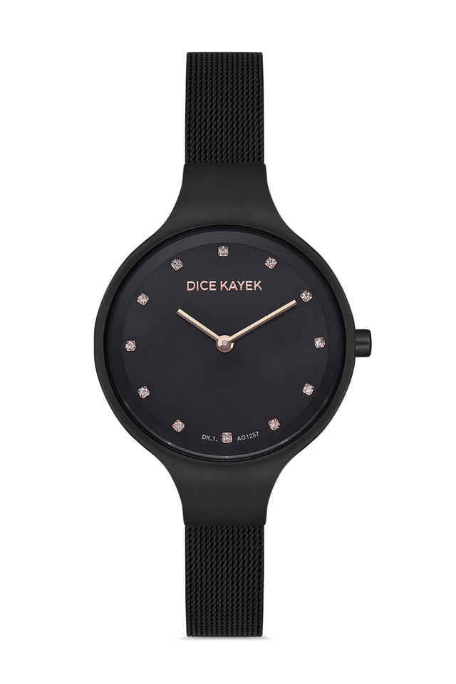 Dice Kayek AG1257.07 women's watch with black dial, black ion-plated case and black stainless steel mesh bracelet – front view