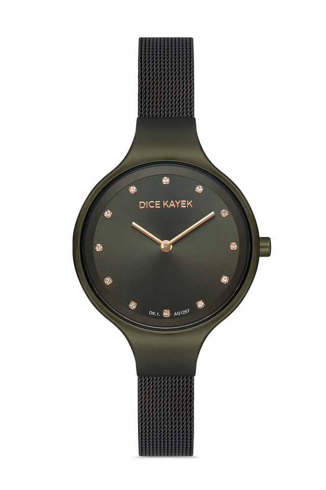 Dice Kayek AG1257.09 women's watch with green dial, green ion-plated case and green stainless steel mesh bracelet – front view