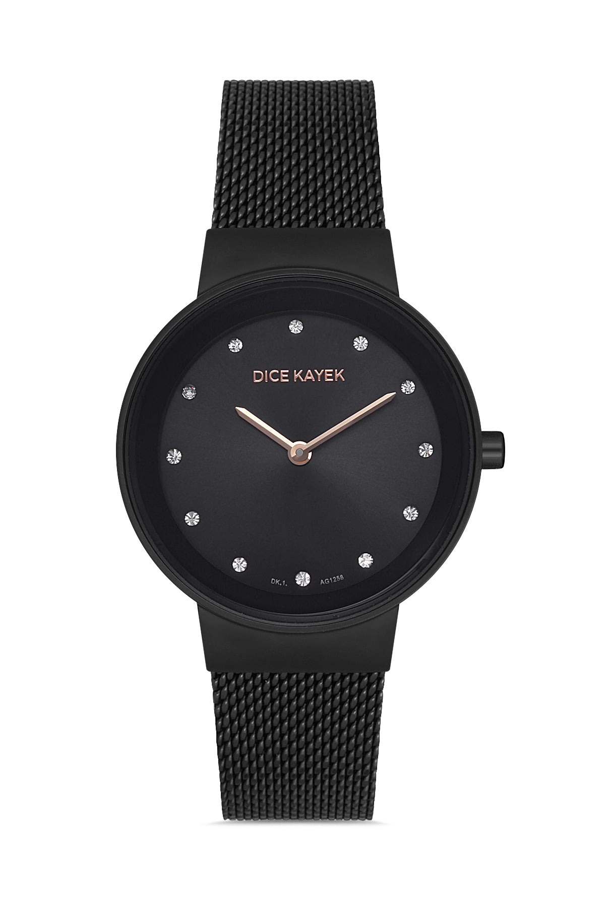 Dice Kayek AG1258.07 women's watch with black dial, black ion-plated case and black stainless steel mesh bracelet – front view
