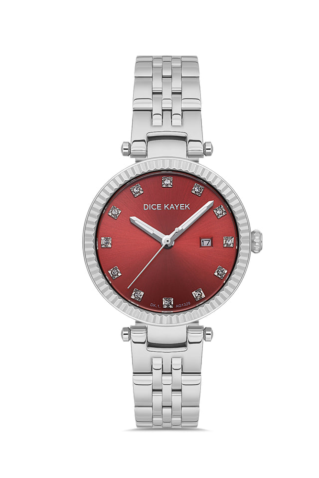 Dice Kayek AG1329.04 women's watch with red dial, silver-tone case and stainless steel bracelet – front view