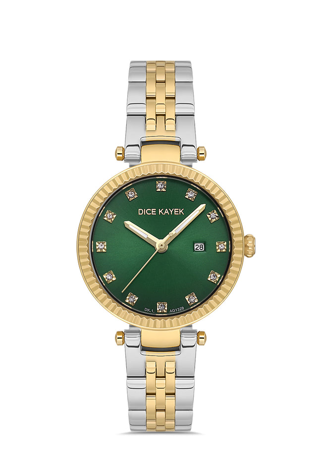 Dice Kayek AG1329.06 women's watch with green dial, two-tone silver and gold case and stainless steel bracelet – front view