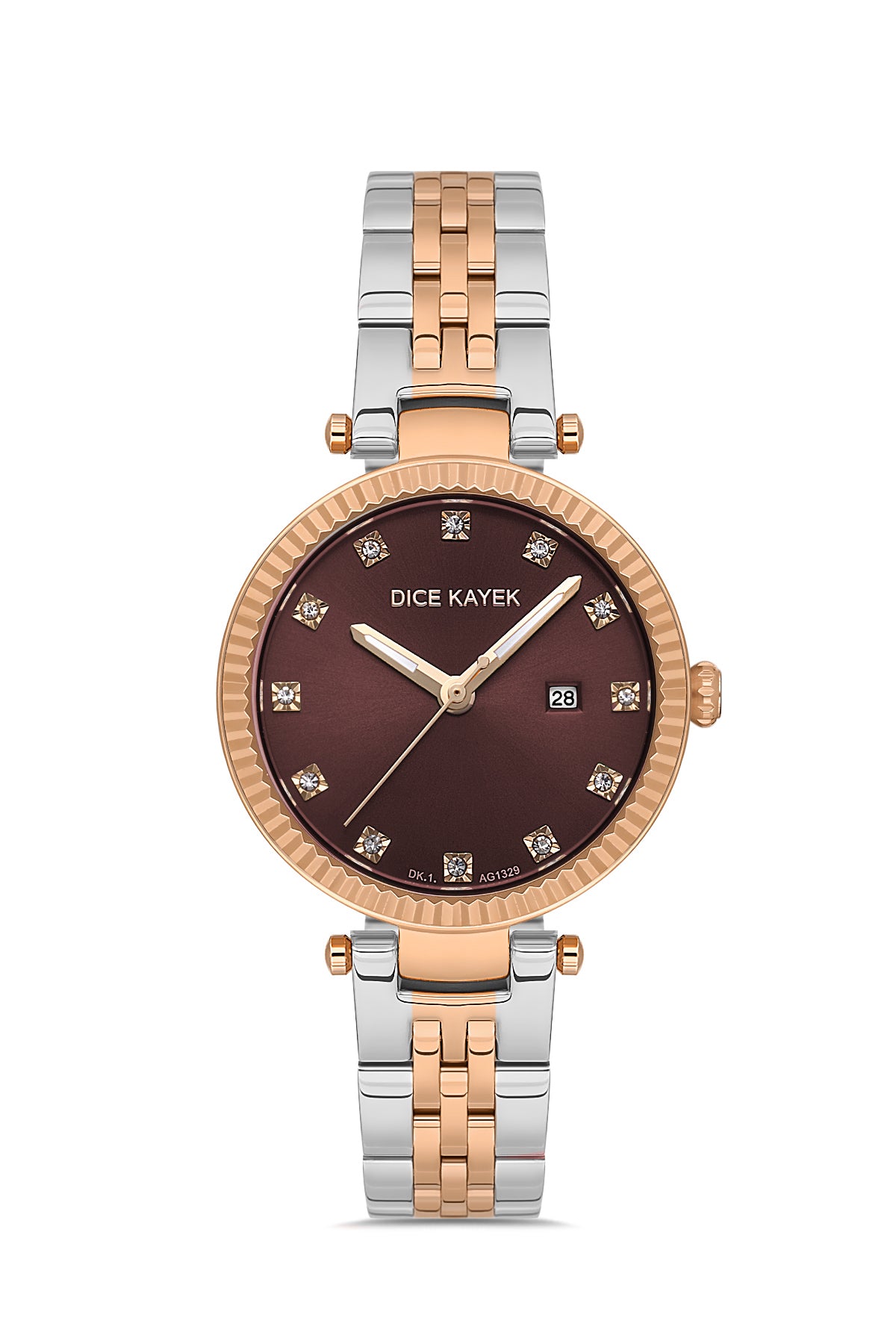 Dice Kayek AG1329.07 women's watch with brown dial, two-tone silver and rose gold case and stainless steel bracelet – front view