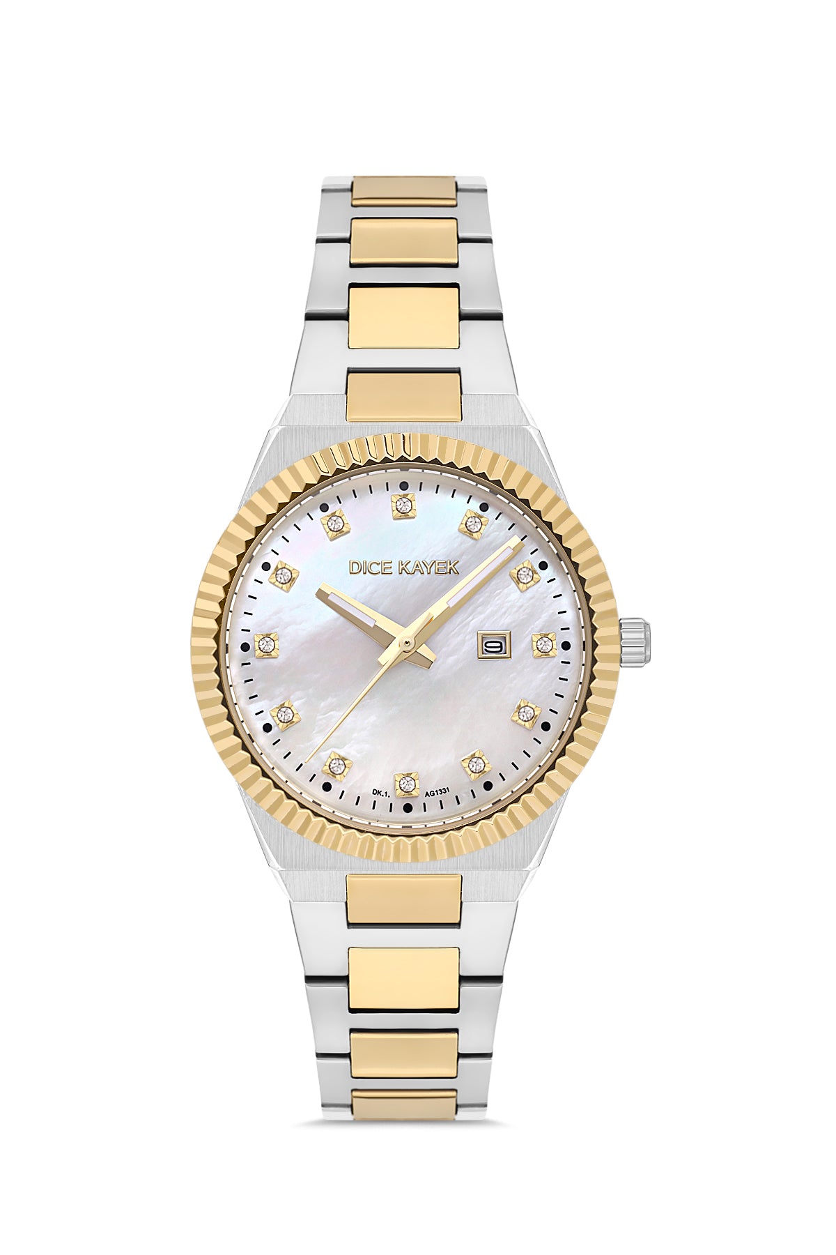 Dice Kayek AG1331.04 women's watch with white mother-of-pearl dial, two-tone silver and gold case and stainless steel bracelet – front view