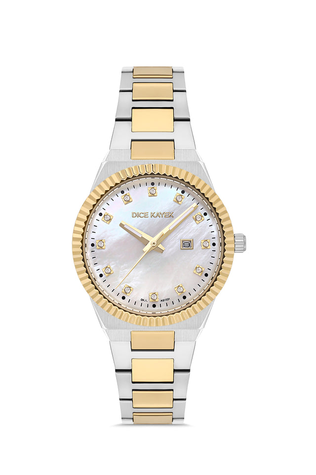 Dice Kayek AG1331.04 women's watch with white mother-of-pearl dial, two-tone silver and gold case and stainless steel bracelet – front view