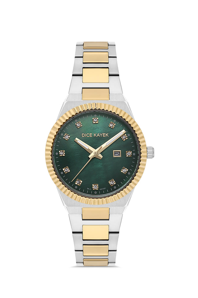 Dice Kayek AG1331.05 women's watch with green mother-of-pearl dial, two-tone silver and gold case and stainless steel bracelet – front view