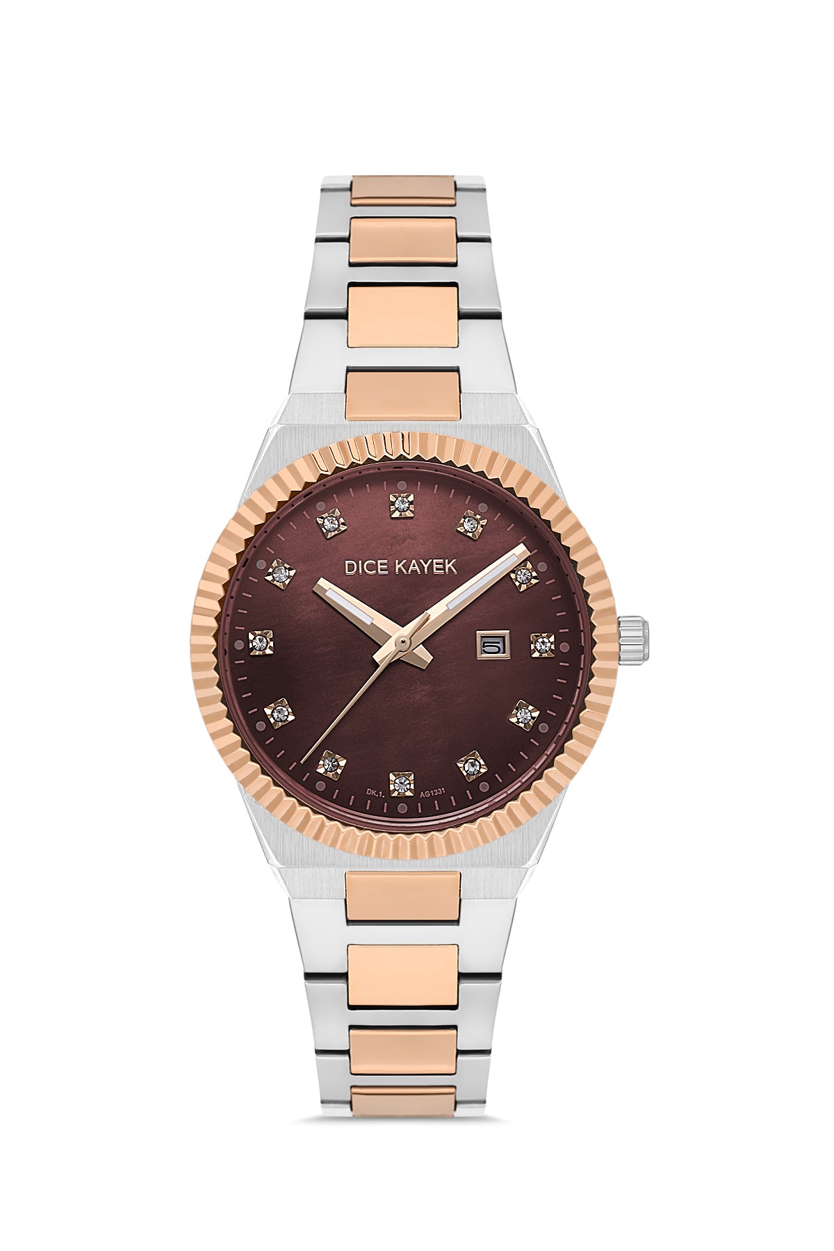 Dice Kayek AG1331.06 women's watch with brown mother-of-pearl dial, two-tone silver and rose gold case and stainless steel bracelet – front view