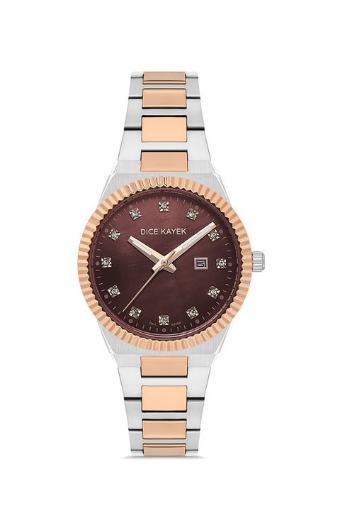 Dice Kayek AG1331.06 women's watch with brown mother-of-pearl dial, two-tone silver and rose gold case and stainless steel bracelet – front view