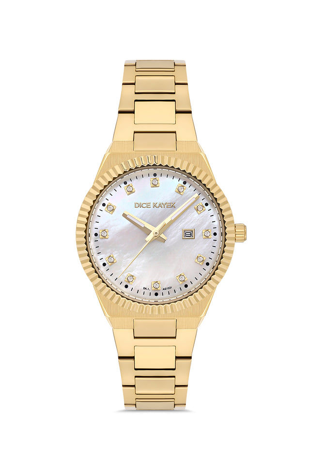 Dice Kayek AG1331.07 women's watch with white mother-of-pearl dial, gold-tone case and stainless steel bracelet – front view