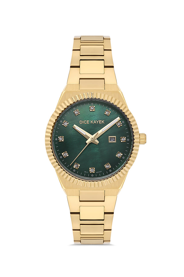 Dice Kayek AG1331.09 women's watch with green mother-of-pearl dial, gold-tone case and stainless steel bracelet – front view