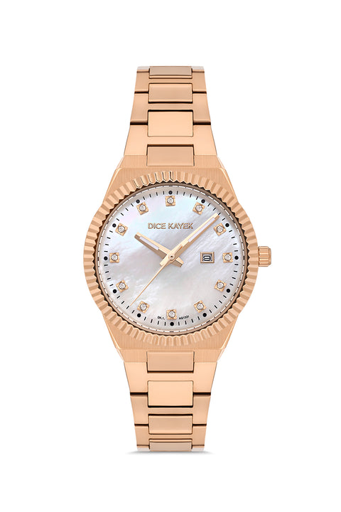 Dice Kayek AG1331.10 women's watch with white mother-of-pearl dial, rose gold-tone case and stainless steel bracelet – front view