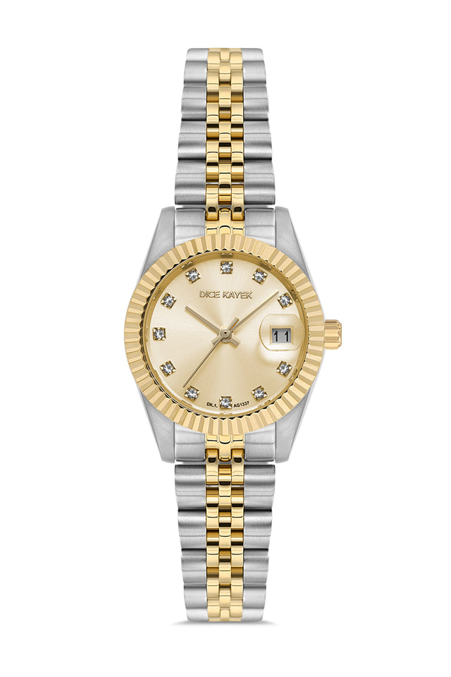 Dice Kayek AG1337.04 women's watch with gold dial, two-tone silver and gold case and stainless steel bracelet – front view