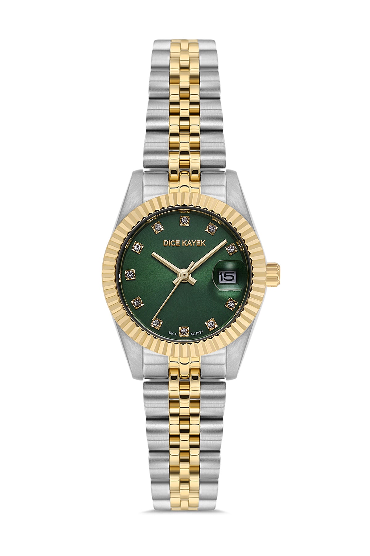 Dice Kayek AG1337.05 women's watch with green dial, two-tone silver and gold case and stainless steel bracelet – front view