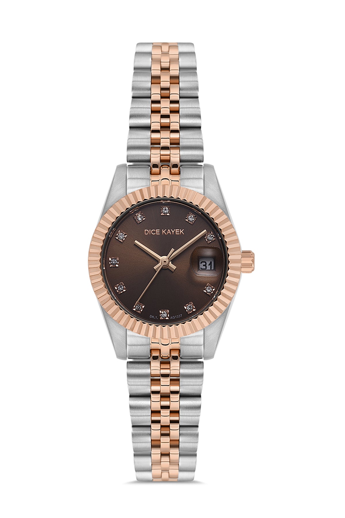 Dice Kayek AG1337.06 women's watch with brown dial, two-tone silver and rose gold case and stainless steel bracelet – front view