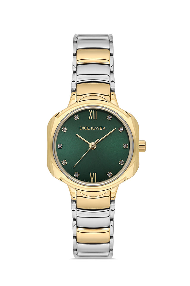 Dice Kayek AG1345.04 women's watch with green dial, two-tone silver and gold case and stainless steel bracelet – front view