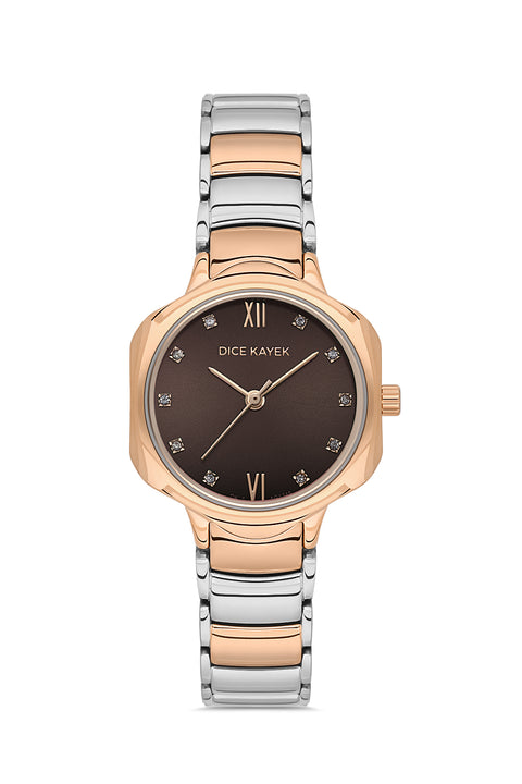 Dice Kayek AG1345.05 women's watch with brown dial, two-tone silver and rose gold case and stainless steel bracelet – front view