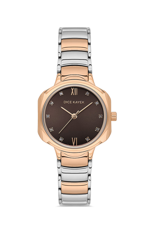 Dice Kayek AG1345.05 women's watch with brown dial, two-tone silver and rose gold case and stainless steel bracelet – front view
