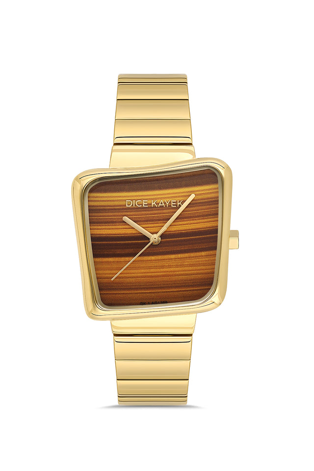 Dice Kayek AG1369.28 women's watch with brown dial, gold-tone case and stainless steel bracelet – front view