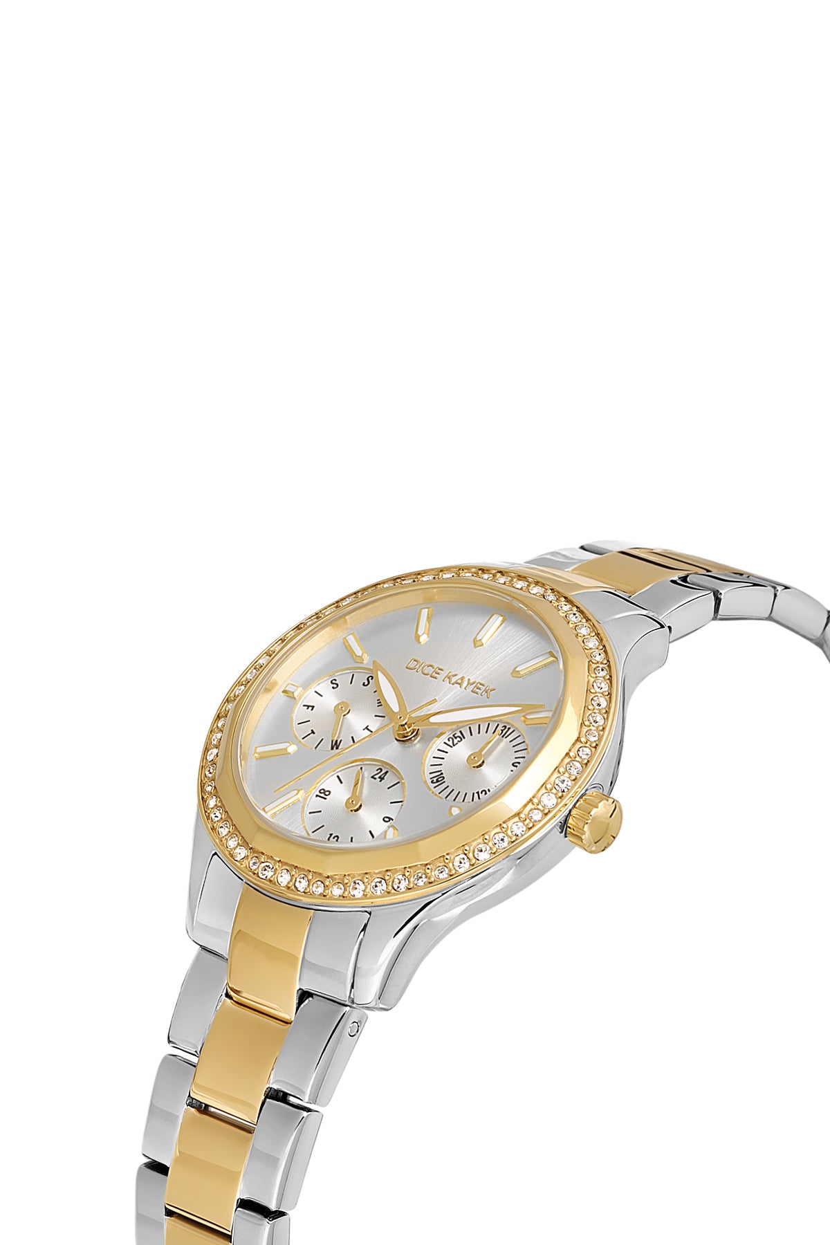 Dice Kayek AG1375.04 women's watch with silver dial, two-tone silver and gold case and stainless steel bracelet – angled view