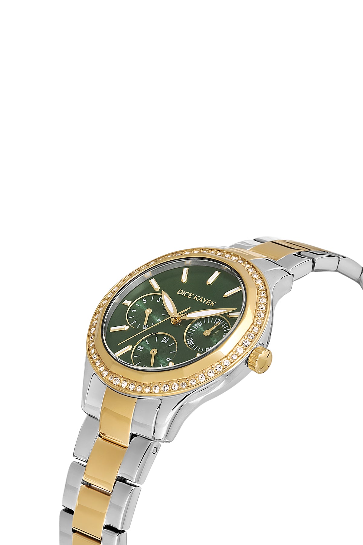 Dice Kayek AG1375.05 women's watch with green dial, two-tone silver and gold case and stainless steel bracelet – angled view
