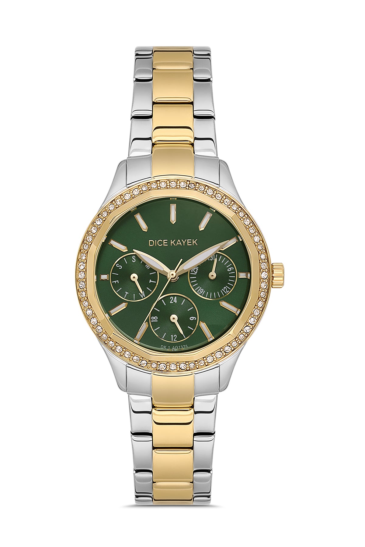 Dice Kayek AG1375.05 women's watch with green dial, two-tone silver and gold case and stainless steel bracelet – front view