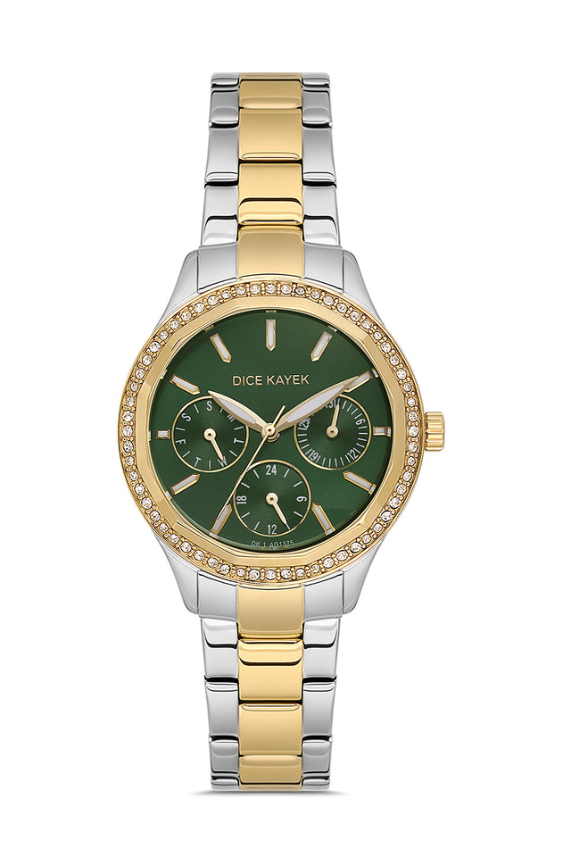 Dice Kayek AG1375.05 women's watch with green dial, two-tone silver and gold case and stainless steel bracelet – front view