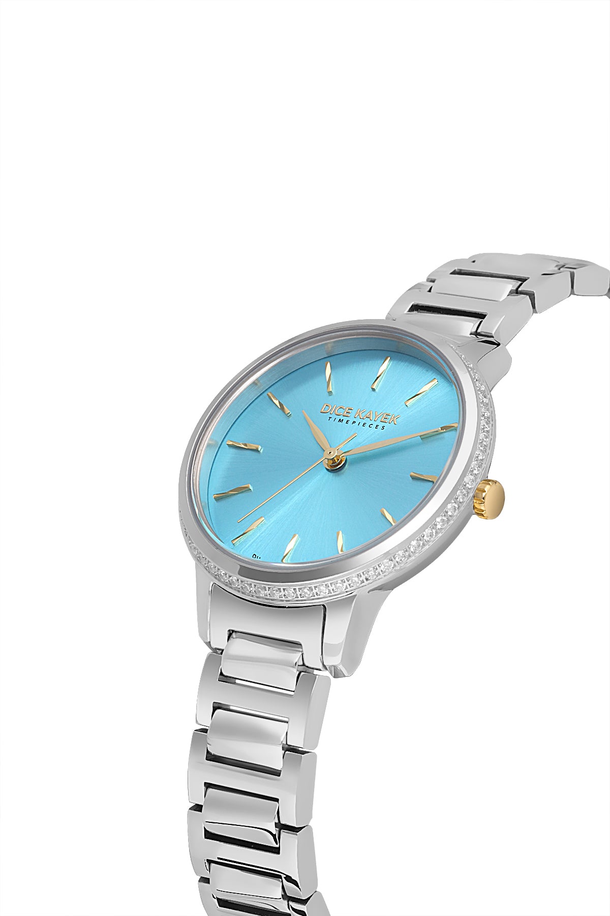 Dice Kayek AG1400.02 women's watch with turquoise dial, silver-tone case and stainless steel bracelet – angled view