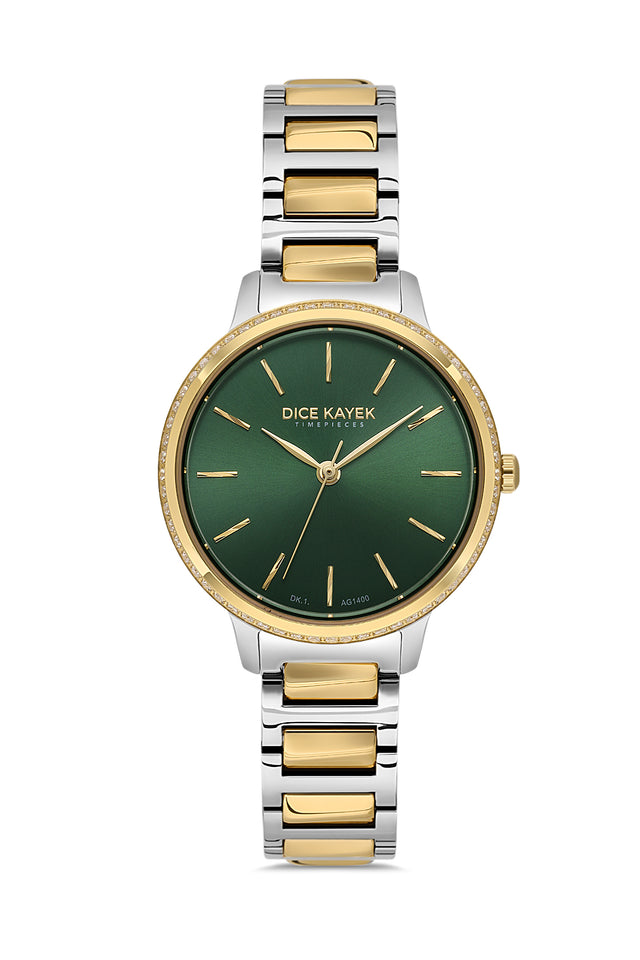 Dice Kayek AG1400.03 women's watch with green dial, two-tone silver and gold case and stainless steel bracelet – front view