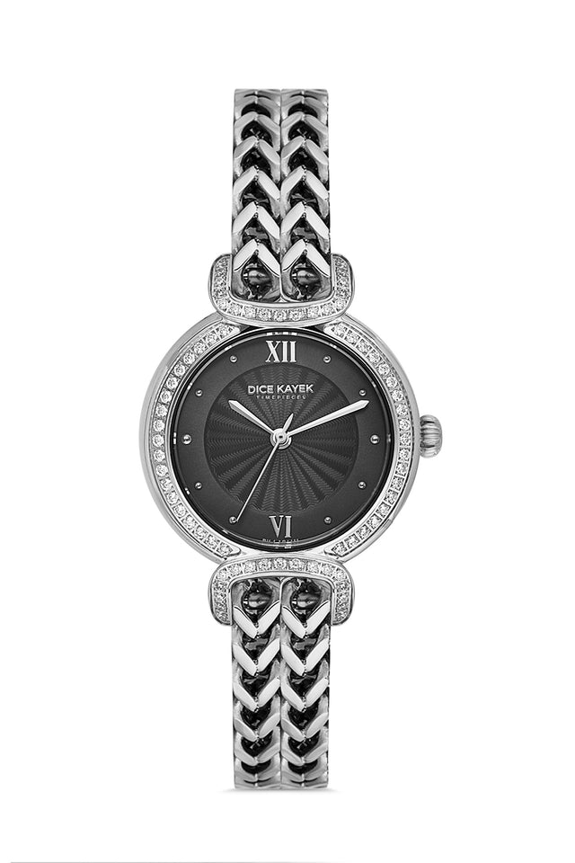 Dice Kayek AG1411.02 women's watch with black dial, silver-tone case and stainless steel bracelet – front view