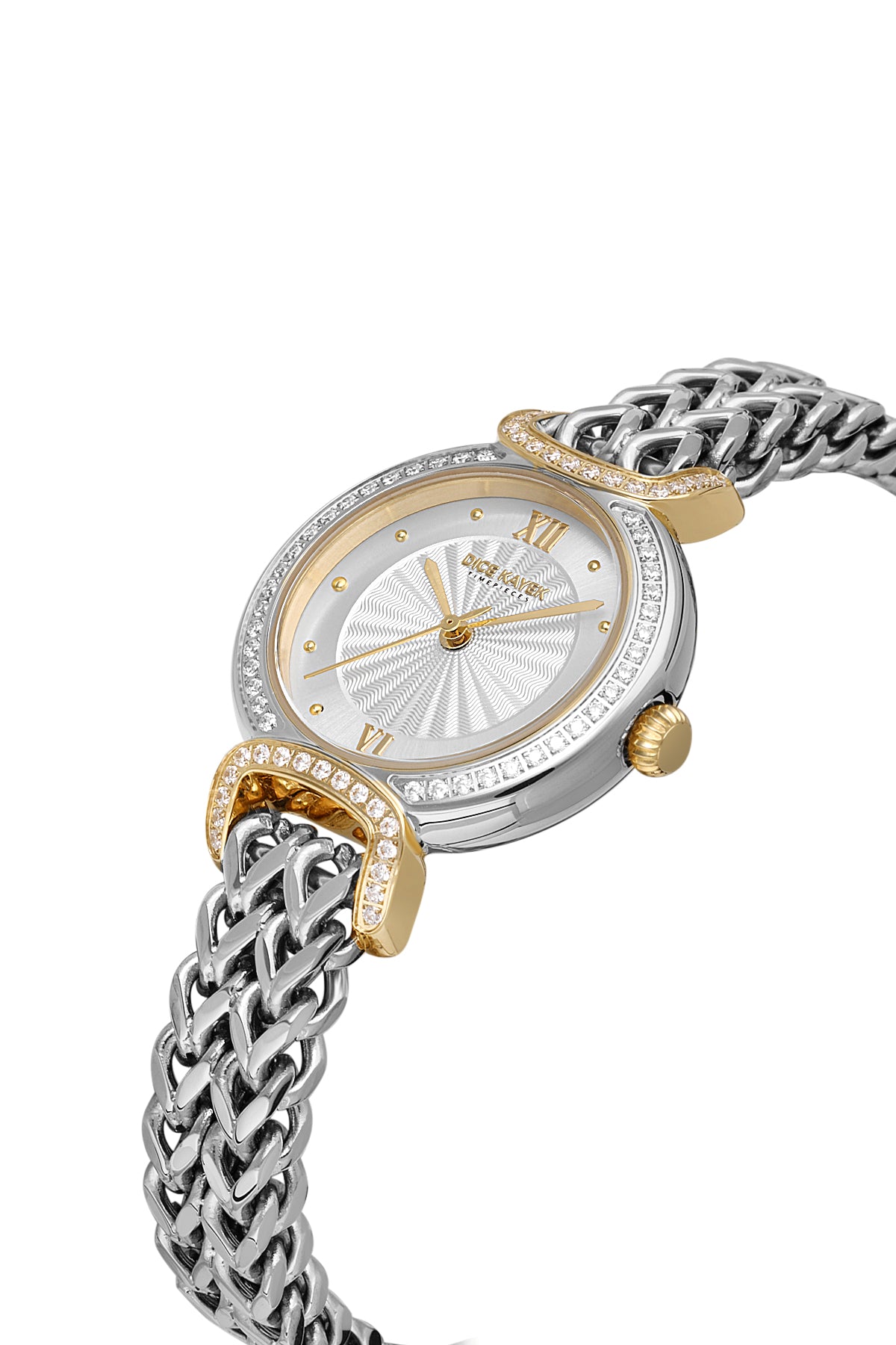 Dice Kayek AG1411.03 women's watch with silver dial, two-tone silver and gold case and stainless steel bracelet – angled view