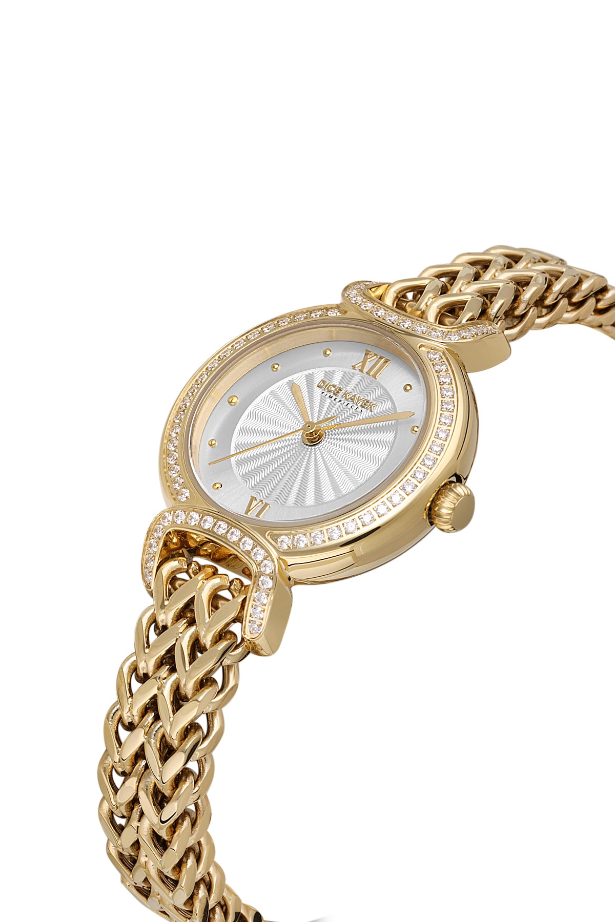 Dice Kayek AG1411.04 women's watch with silver dial, gold-tone case and stainless steel bracelet – angled view