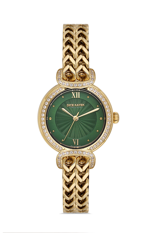 Dice Kayek AG1411.06 women's watch with green dial, gold-tone case and stainless steel bracelet – front view