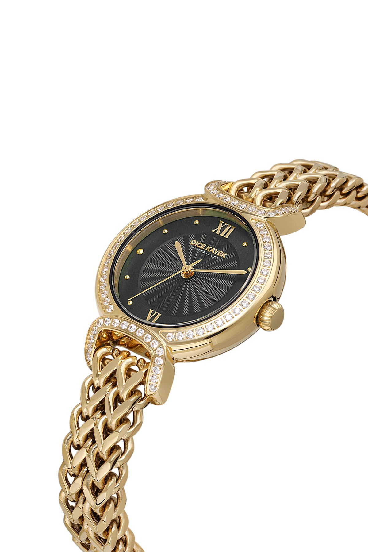 Dice Kayek AG1411.22 women's watch with black dial, gold-tone case and stainless steel bracelet – angled view