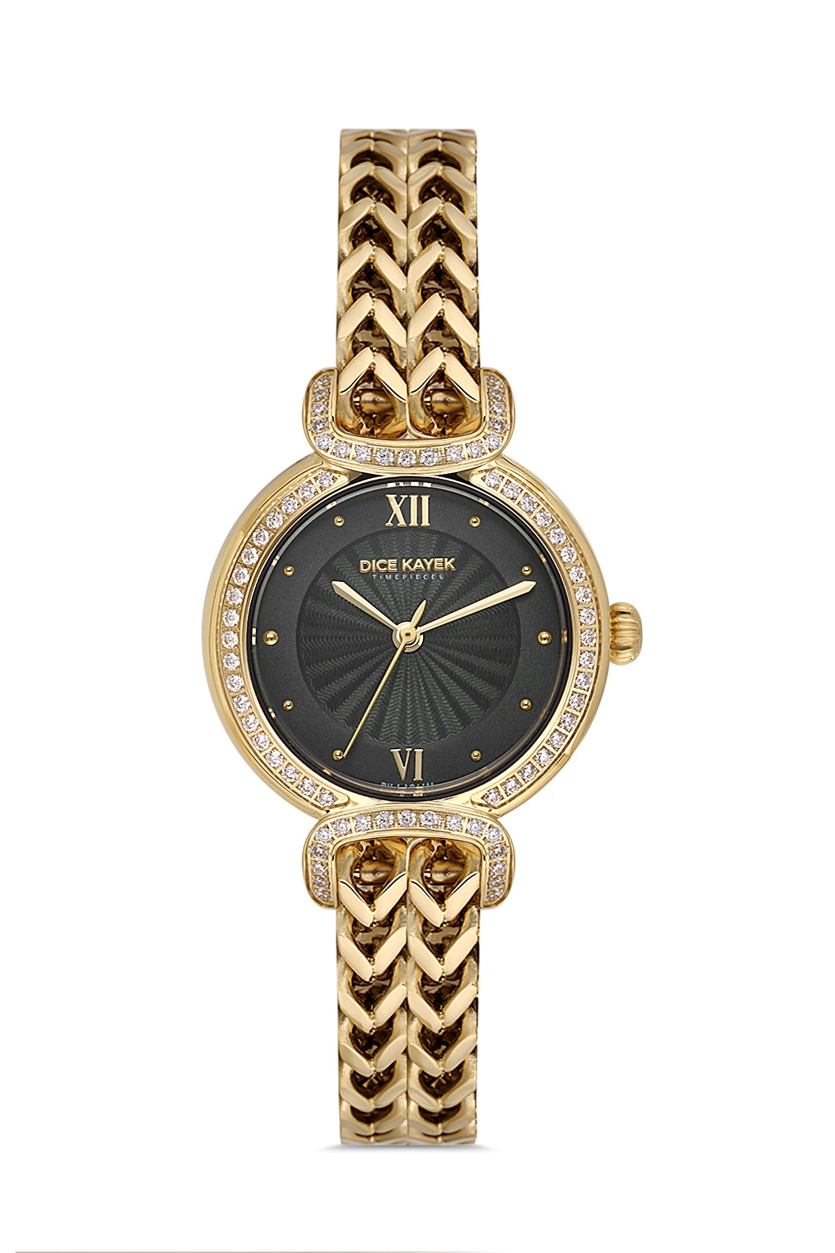 Dice Kayek AG1411.22 women's watch with black dial, gold-tone case and stainless steel bracelet – front view