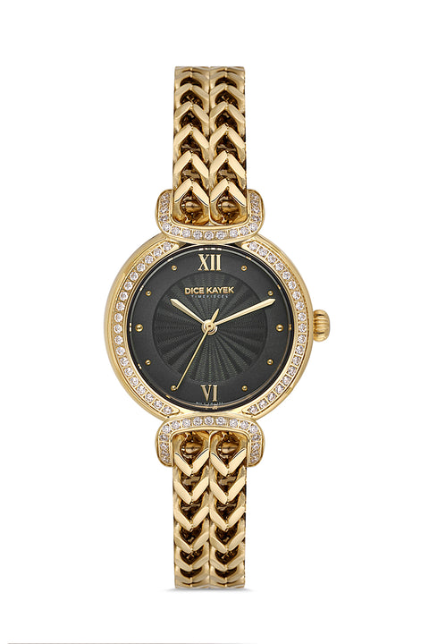 Dice Kayek AG1411.22 women's watch with black dial, gold-tone case and stainless steel bracelet – front view