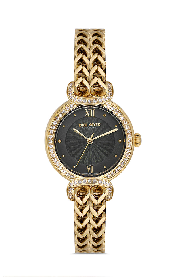 Dice Kayek AG1411.22 women's watch with black dial, gold-tone case and stainless steel bracelet – front view