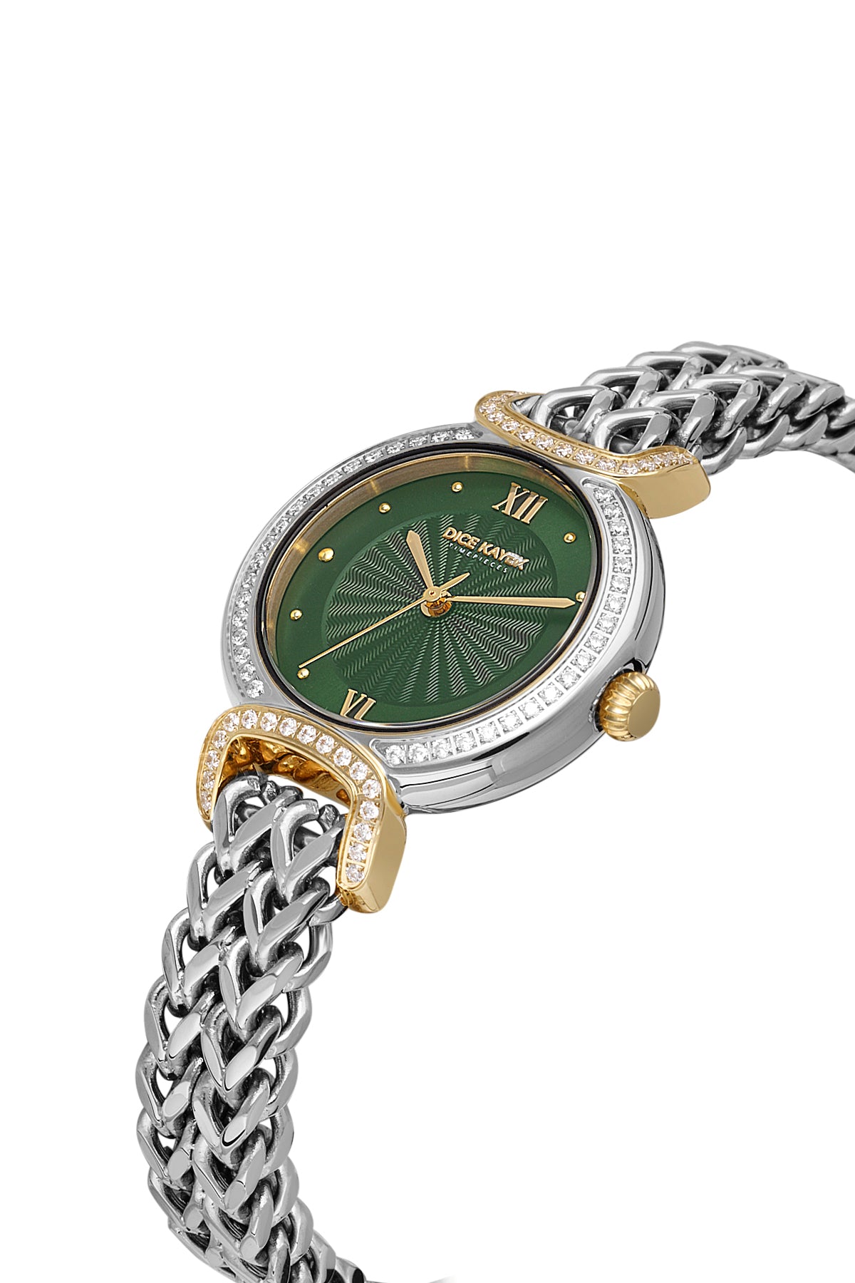Dice Kayek AG1411.49 women's watch with green dial, two-tone silver and gold case and stainless steel bracelet – angled view