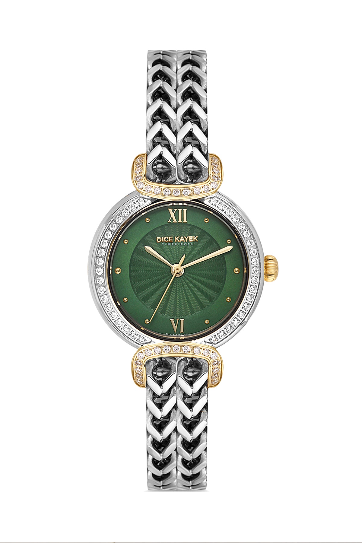 Dice Kayek AG1411.49 women's watch with green dial, two-tone silver and gold case and stainless steel bracelet – front view