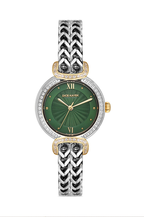 Dice Kayek AG1411.49 women's watch with green dial, two-tone silver and gold case and stainless steel bracelet – front view
