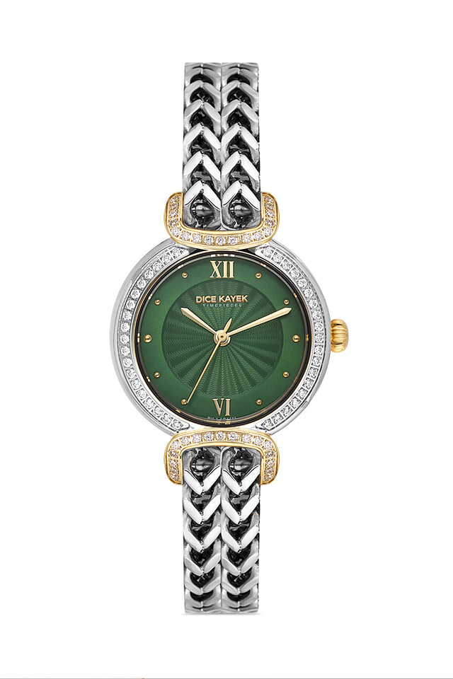 Dice Kayek AG1411.49 women's watch with green dial, two-tone silver and gold case and stainless steel bracelet – front view
