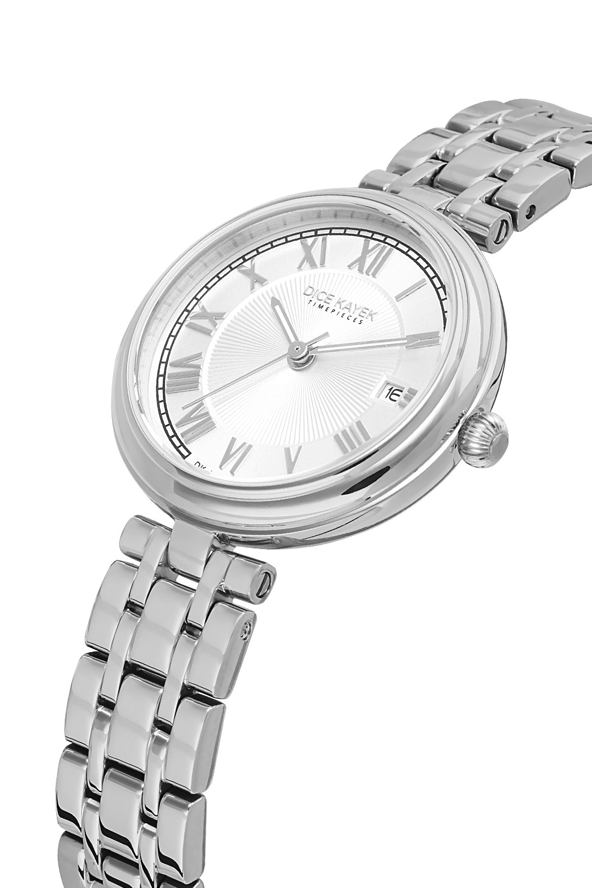 Dice Kayek AG1413.01 women's watch with silver dial, silver-tone case and stainless steel bracelet – angled view
