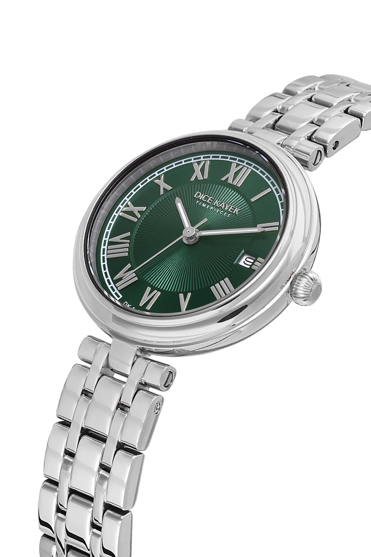 Dice Kayek AG1413.02 women's watch with green dial, silver-tone case and stainless steel bracelet – angled view