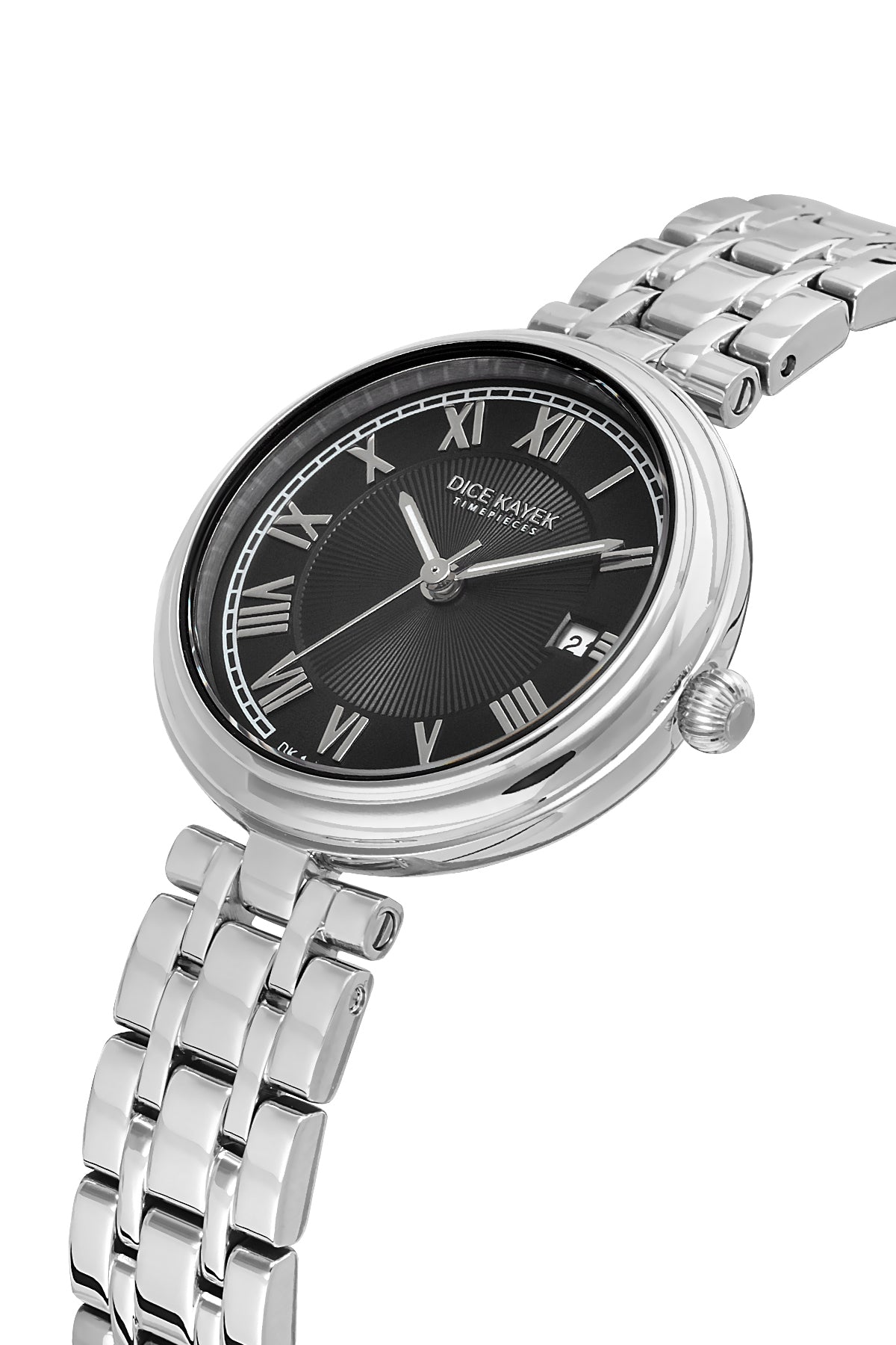 Dice Kayek AG1413.03 women's watch with black dial, silver-tone case and stainless steel bracelet – angled view