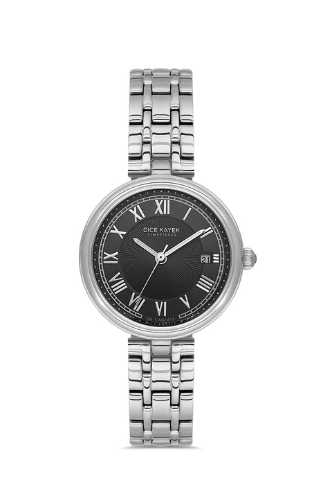 Dice Kayek AG1413.03 women's watch with black dial, silver-tone case and stainless steel bracelet – front view