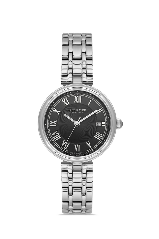 Dice Kayek AG1413.03 women's watch with black dial, silver-tone case and stainless steel bracelet – front view