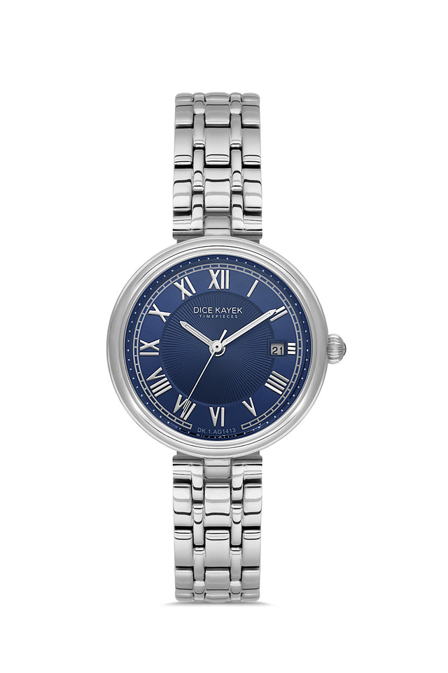 Dice Kayek AG1413.04 women's watch with blue dial, silver-tone case and stainless steel bracelet – front view