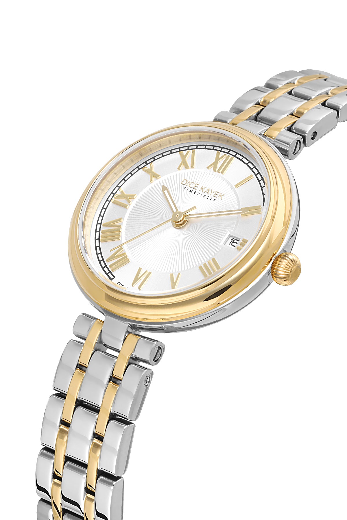 Dice Kayek AG1413.05 women's watch with silver dial, two-tone silver and gold case and stainless steel bracelet – angled view