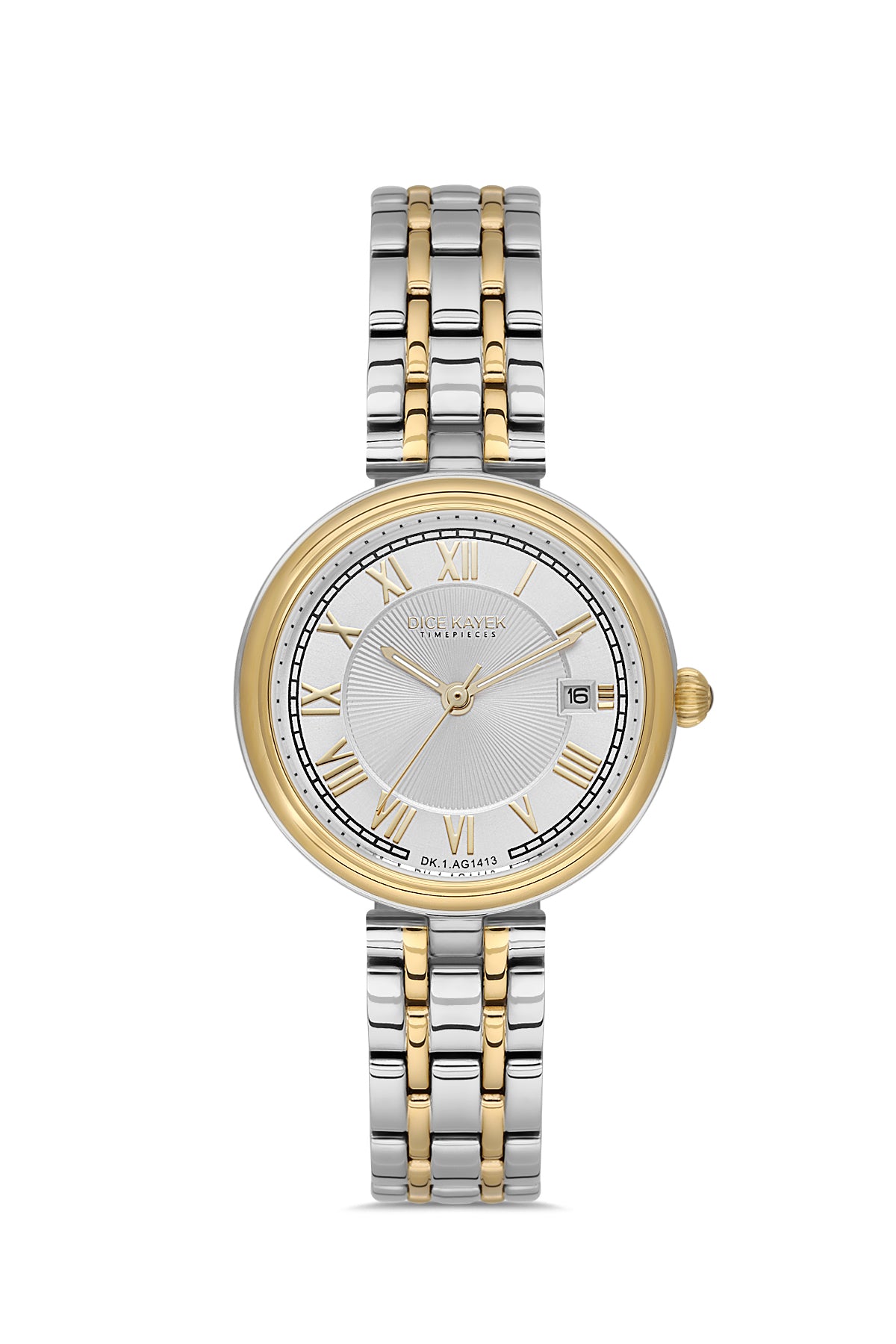 Dice Kayek AG1413.05 women's watch with silver dial, two-tone silver and gold case and stainless steel bracelet – front view