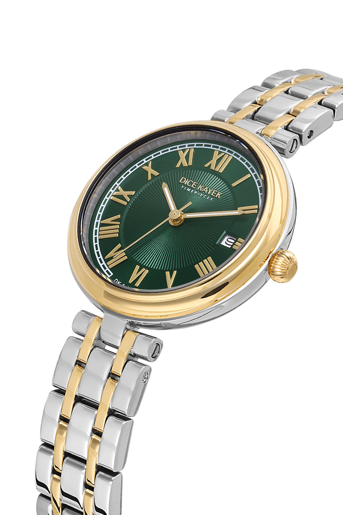 Dice Kayek AG1413.06 women's watch with green dial, two-tone silver and gold case and stainless steel bracelet – angled view